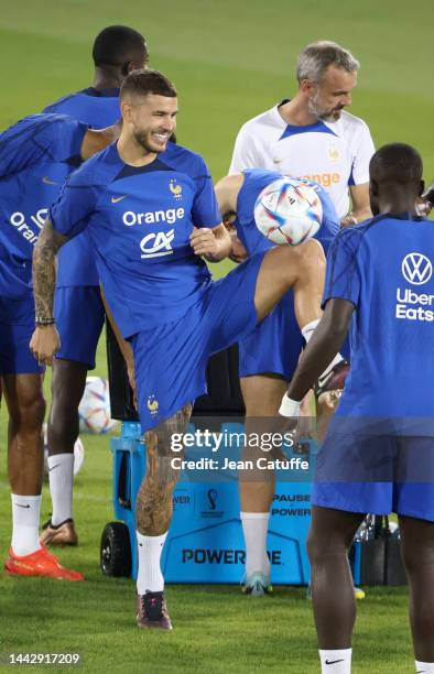 Lucas Hernandez of France during Team France practice session ahead of the FIFA World Cup Qatar 2022 at Al Sadd SC Stadium on November 19, 2022 in...