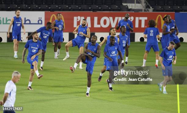 Marcus Thuram, Dayot Upamecano of France during Team France practice session ahead of the FIFA World Cup Qatar 2022 at Al Sadd SC Stadium on November...