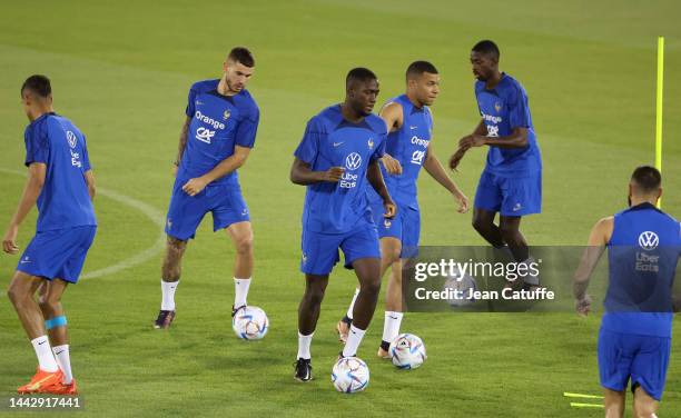 Lucas Hernandez, Ibrahima Konate, Kylian Mbappe, Ousmane Dembele of France during Team France practice session ahead of the FIFA World Cup Qatar 2022...