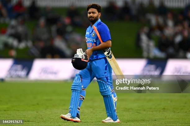 Rishabh Pant India walks off after being dismissed by Lockie Ferguson of the Black Caps during game two of the T20 International series between New...