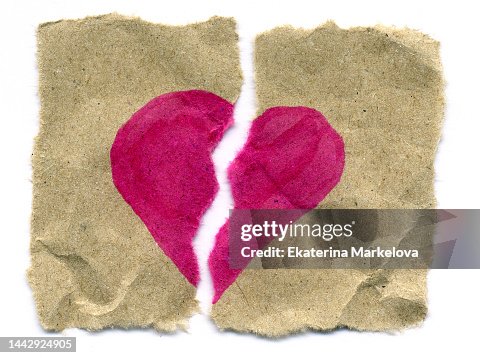 Heart Ripped Inhalf Piece Of Brown Paper With Painted Pink Heart Ripped In Half Concept Of ...