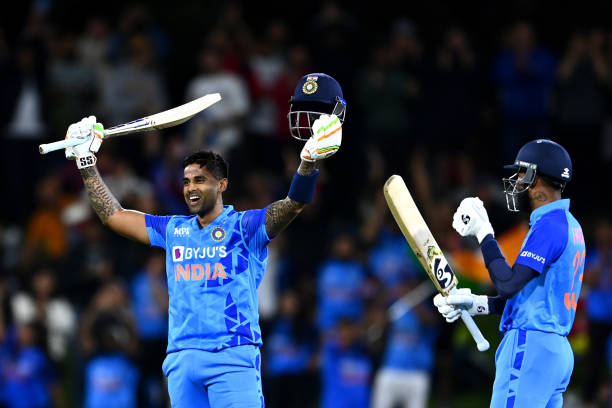 Suryakumar Yadav of India celebrates after scoring a century during game two of the T20 International series between New Zealand and India at Bay...