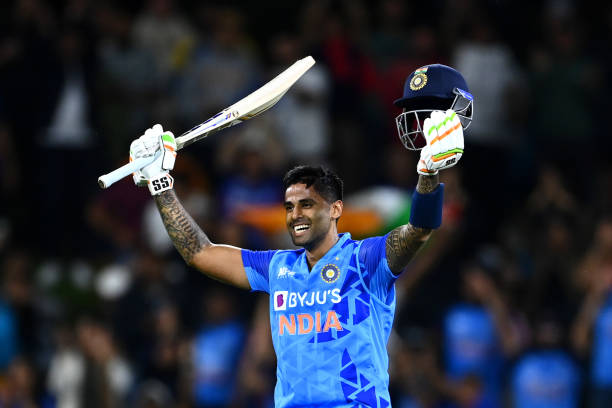 Suryakumar Yadav of India celebrates after scoring a century during game two of the T20 International series between New Zealand and India at Bay...