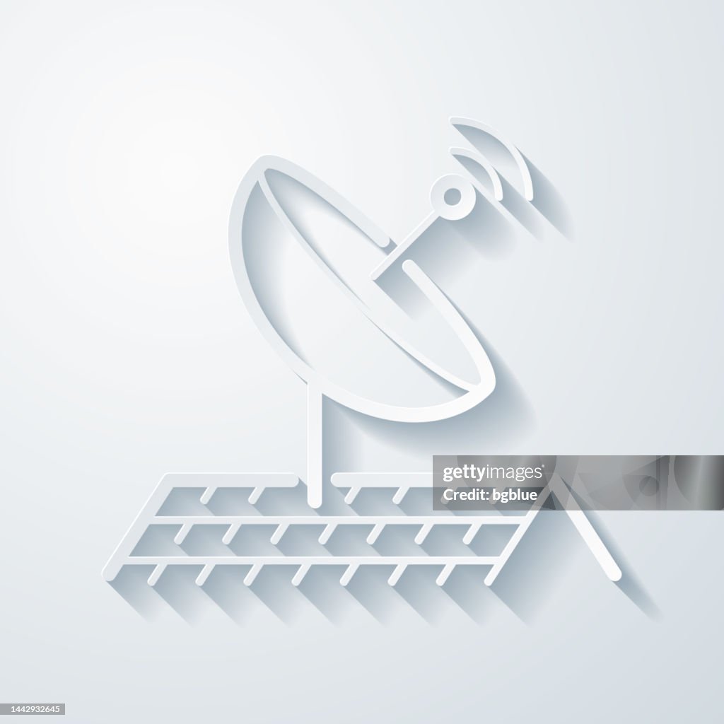 Satellite dish on roof. Icon with paper cut effect on blank background