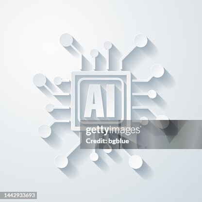 Processor with artificial intelligence AI. Icon with paper cut effect on blank background Processor with artificial intelligence AI. Icon with paper cut effect on blank background