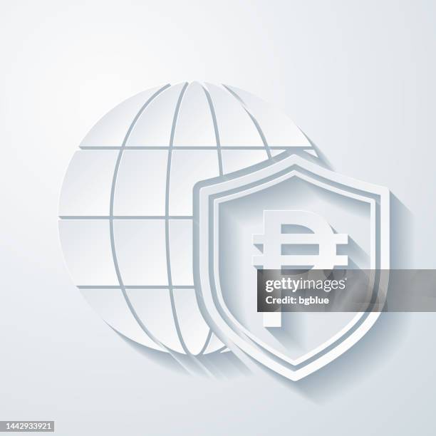 peso shield with globe. icon with paper cut effect on blank background - network coverage stock illustrations