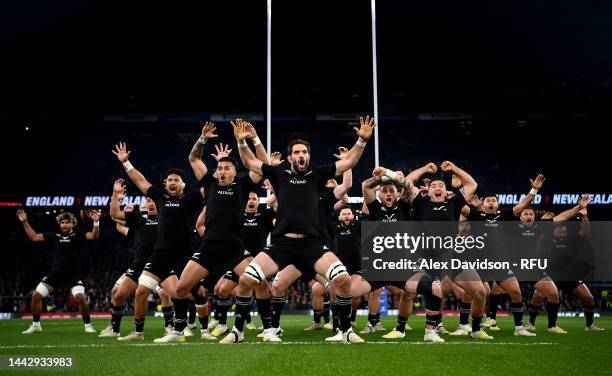 Sam Whitelock of New Zealand leads the Haka during the Autumn International match between England and New Zealand at Twickenham Stadium on November...