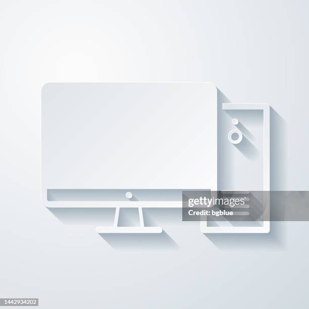 desktop computer. icon with paper cut effect on blank background - computer with blank screen stock illustrations