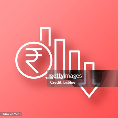 Indian rupee rate decrease. Icon on Red background with shadow Indian rupee rate decrease. Icon on Red background with shadow