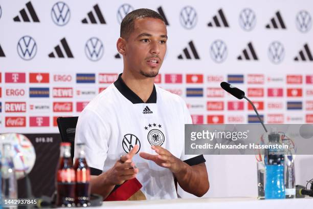 Thilo Kehrer of Germany speaks to the media during the Germany press conference at DFB Media Centre Al Shamal Stadium on November 20, 2022 in Al...