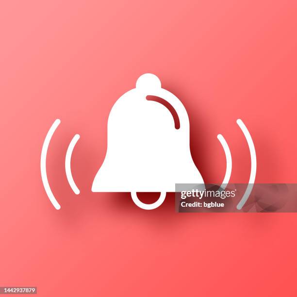 illustrazioni stock, clip art, cartoni animati e icone di tendenza di campana che suona. icona su sfondo rosso con ombra - campanile orologio
