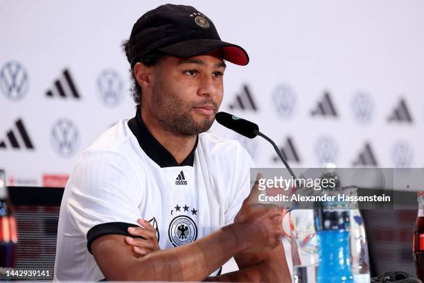 Serge Gnabry of Germany thumbs up during the Germany press conference at DFB Media Centre Al Shamal Stadium on November 20, 2022 in Al Ruwais, Qatar.
