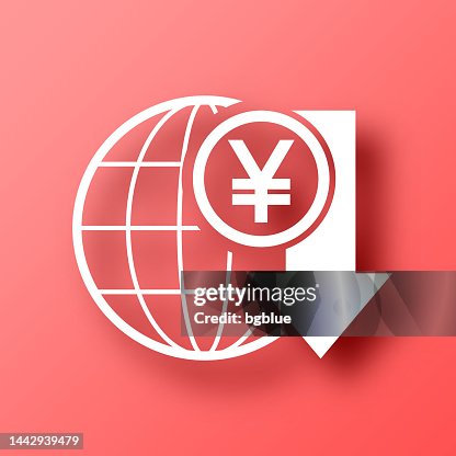 Yen rate decrease. Icon on Red background with shadow Yen rate decrease. Icon on Red background with shadow
