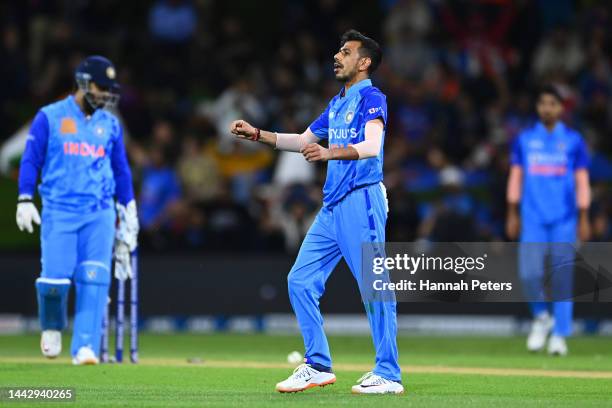 Yuzvendra Chahal of India celebrates the wicket of Glenn Phillips of the Black Caps during game two of the T20 International series between New...