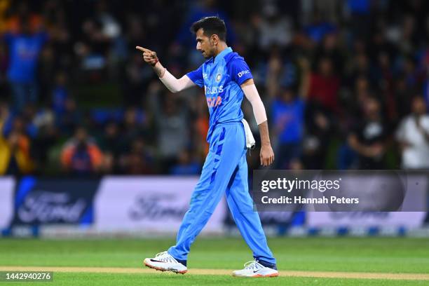 Yuzvendra Chahal of India celebrates the wicket of Glenn Phillips of the Black Caps during game two of the T20 International series between New...