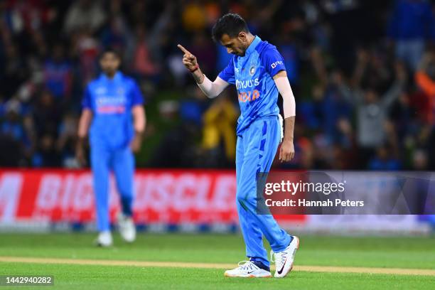 Yuzvendra Chahal of India celebrates the wicket of Glenn Phillips of the Black Caps during game two of the T20 International series between New...