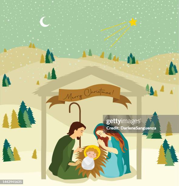 nativity scene with beautiful landscape - trough stock illustrations