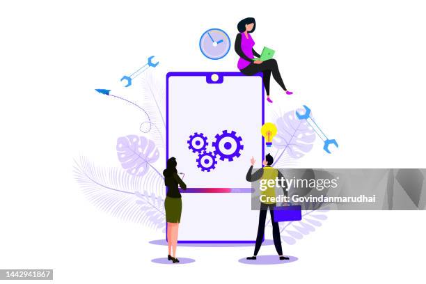 system update improvement change new version. installing update process with people characters suitable for web landing page, ui, mobile app, banner template - installing software stock illustrations