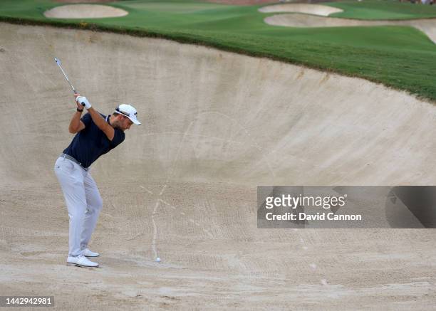 Maximillian Kieffer of Germany plays his second shot on the first hole during the final round on Day Four of the DP World Tour Championship on the...