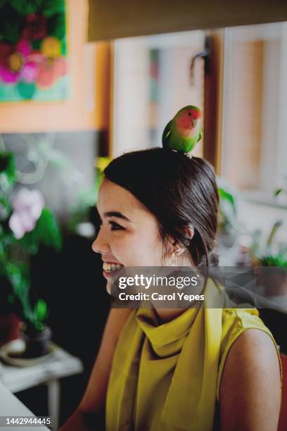 cheerful woman with her bird pet on head - bird wings stock-fotos und bilder