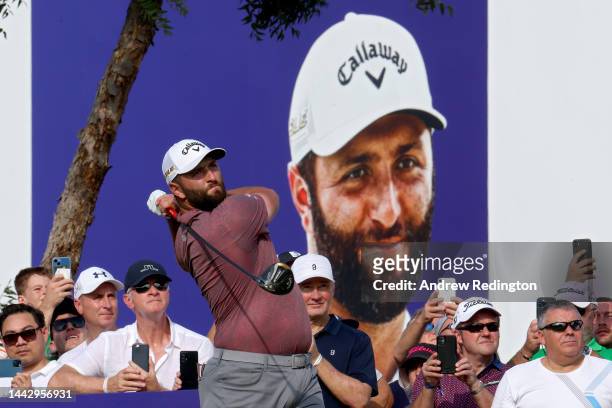 Jon Rahm of Spain plays his shot from the 14th tee during Day Four of the DP World Tour Championship on the Earth Course at Jumeirah Golf Estates on...