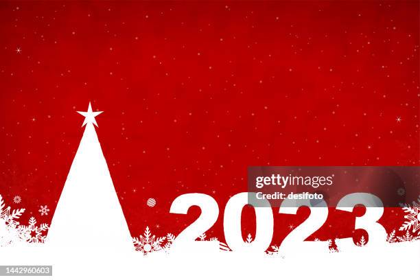 glittery christmas horizontal red backgrounds with happy new year text 2023 and white coloured abstract triangle as xmas tree with a star at top and snowflakes and shiny dots at over bright vibrant maroon backdrop - bling background stock illustrations