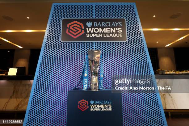 The Barclays Women's Super League trophy is displayed ahead of the FA Women's Super League match between Chelsea and Tottenham Hotspur at Stamford...