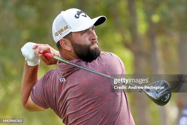 Jon Rahm of Spain plays his shot from the 18th tee during Day Four of the DP World Tour Championship on the Earth Course at Jumeirah Golf Estates on...