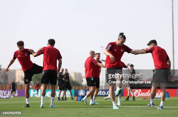 Players of Wales stretch during the Wales match day -1 Training Session on November 20, 2022 in Doha, Qatar.