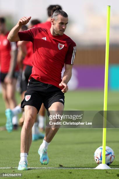 Gareth Bale of Wales controls the ball during the Wales match day -1 Training Session on November 20, 2022 in Doha, Qatar.