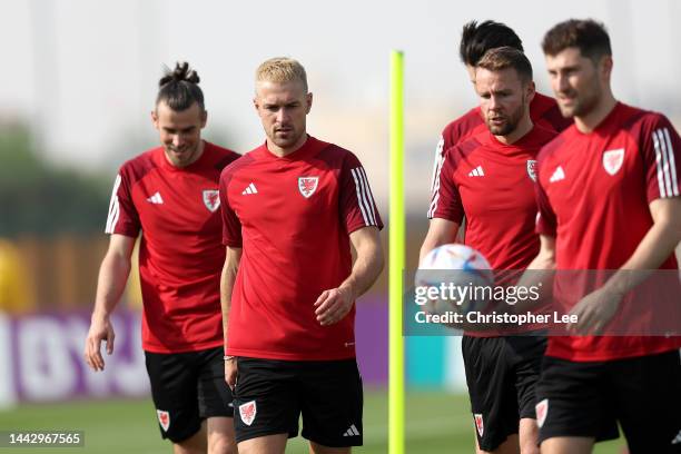 Aaron Ramsey of Wales looks on the Wales match day -1 Training Session on November 20, 2022 in Doha, Qatar.