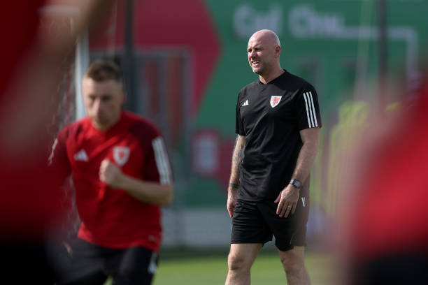 Rob Page, Head Coach of Wales looks on during the Wales match day -1 Training Session on November 20, 2022 in Doha, Qatar.