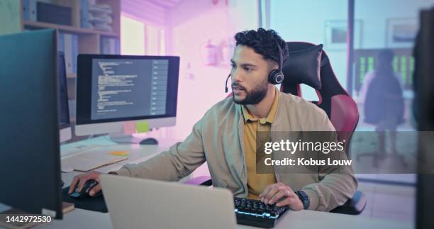 gamer, software development and computer man in creative business with coding innovation, solution and information technology. multimedia neon office, futuristic and gaming geek with code web design - cloud computing services stock pictures, royalty-free photos & images