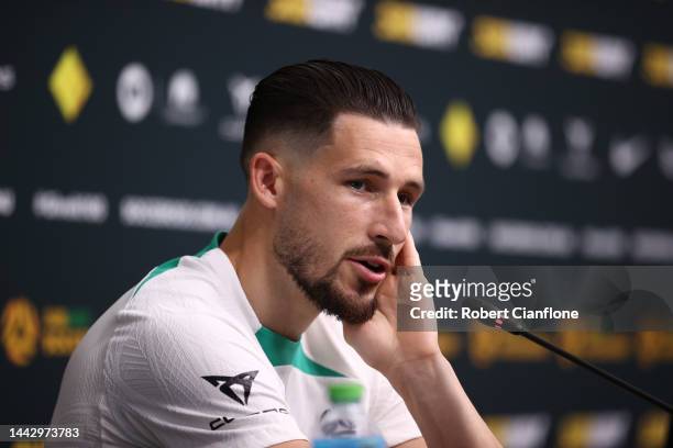 Mathew Leckie of Australia speaks to the media during the Australia Press Conference at Aspire Training Ground on November 20, 2022 in Doha, Qatar.