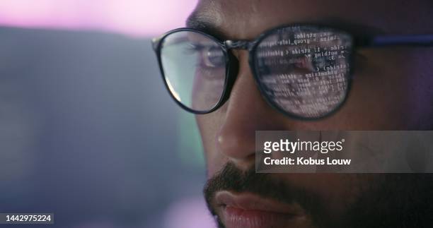 glasses, coding and reflection with business man reading software development analytics, database and system error report for information technology. computer programmer black man with vision code - artificial intelligence stockfoto's en -beelden