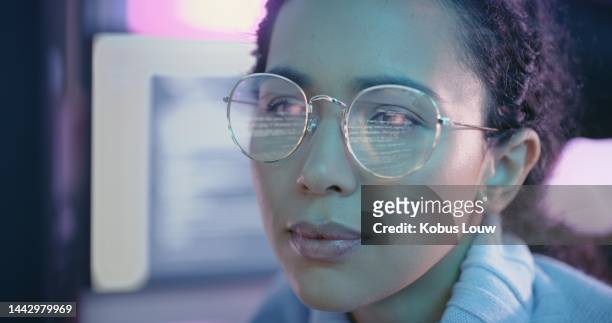 code, woman and face of developer with glasses for cloud computing and big data connection. cyber security, programming and information technology with interface for security software system - security_(finance) bildbanksfoton och bilder