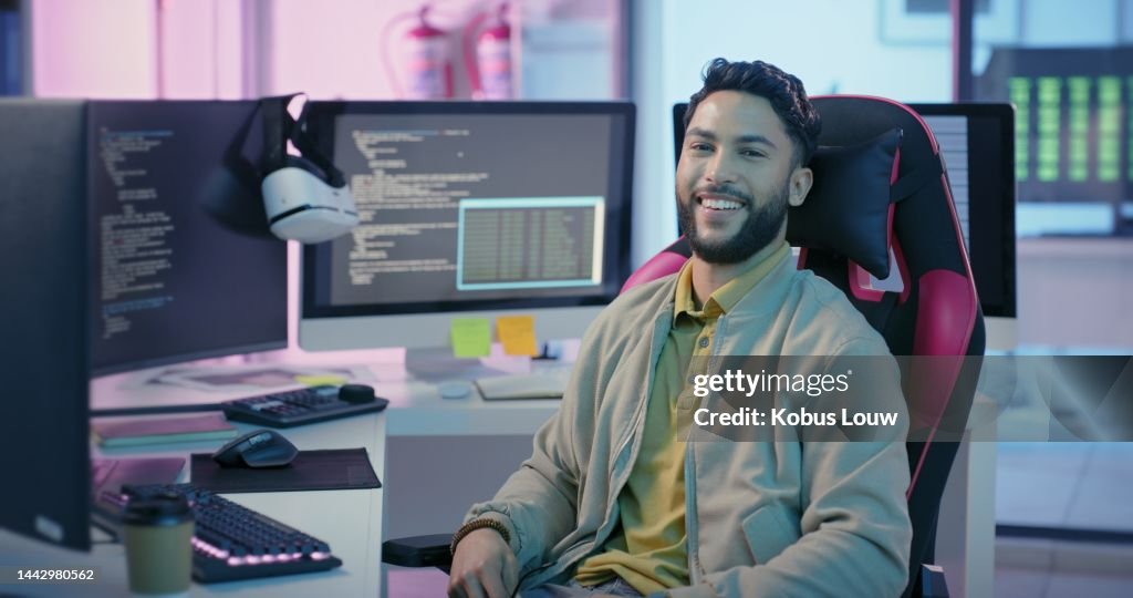 Man Computer Program Ux Design Future And Portrait Of Programmer At Desk In Neon Office Man ...