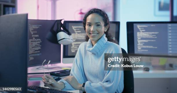 portrait, programmer and it programming, computer and code on screen with woman developer smile at work. happy networking worker, website and big data with coding, neon or ux software tech design - female programmer stock pictures, royalty-free photos & images