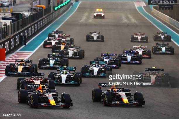 Max Verstappen of the Netherlands driving the Oracle Red Bull Racing RB18 and Sergio Perez of Mexico driving the Oracle Red Bull Racing RB18 lead the...