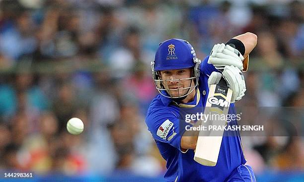 Rajasthan Royals batsman Shane Watson plays a shot during the IPL Twenty20 match between Rajasthan Royals and Pune Warriors at Swai Mansingh stadium...