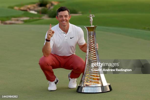 Rory McIlroy of Northern Ireland poses with the DP World Tour Championship trophy during Day Four of the DP World Tour Championship on the Earth...