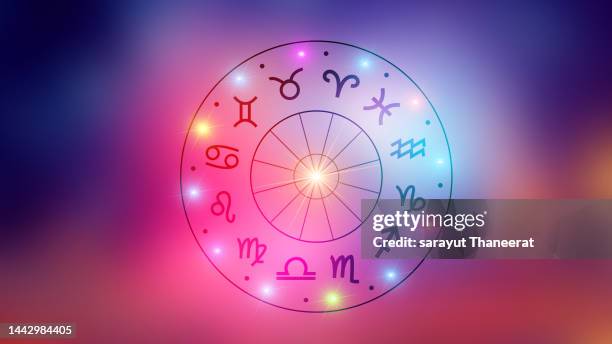 zodiac signs inside of horoscope circle. astrology in the sky with many stars and moons  astrology and horoscopes concept - astrology stock pictures, royalty-free photos & images