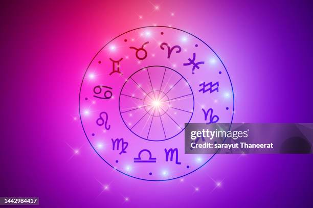 zodiac signs inside of horoscope circle. astrology in the sky with many stars and moons  astrology and horoscopes concept - horoskop bildbanksfoton och bilder