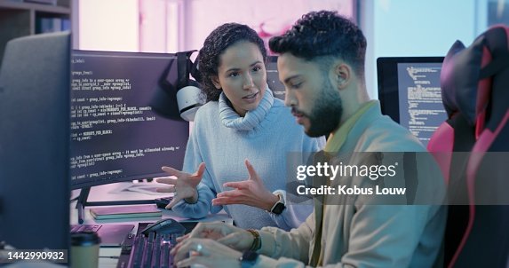 Computer Woman Programmer And Man Training For Coding Cyber Security Or ...