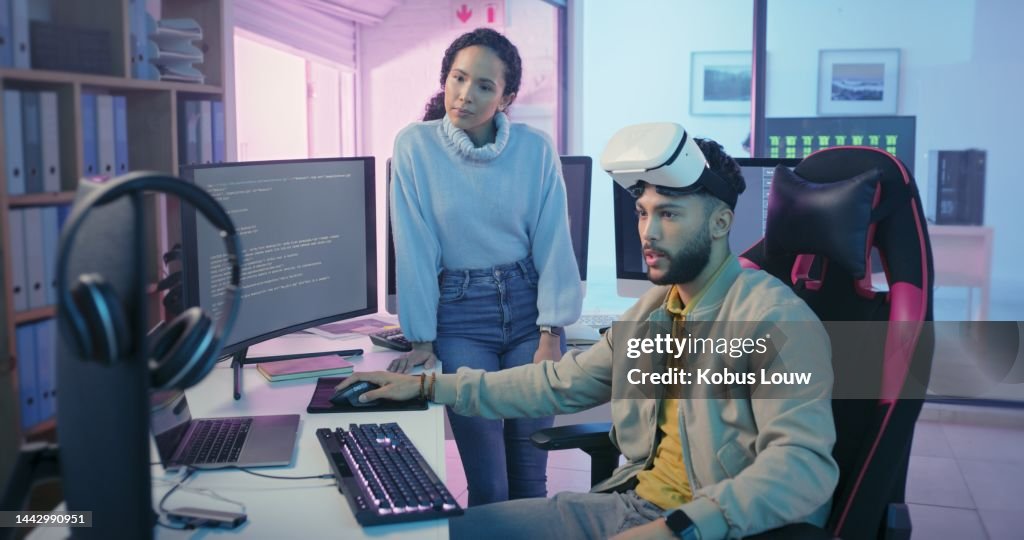 Programming team, VR and games developer, software engineering and digital ai innovation for metaverse, gaming and coding. Graphic designers, virtual reality and computer programmer online technology