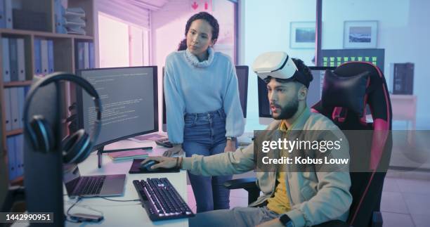 programming team, vr and games developer, software engineering and digital ai innovation for metaverse, gaming and coding. graphic designers, virtual reality and computer programmer online technology - jogo de lazer imagens e fotografias de stock