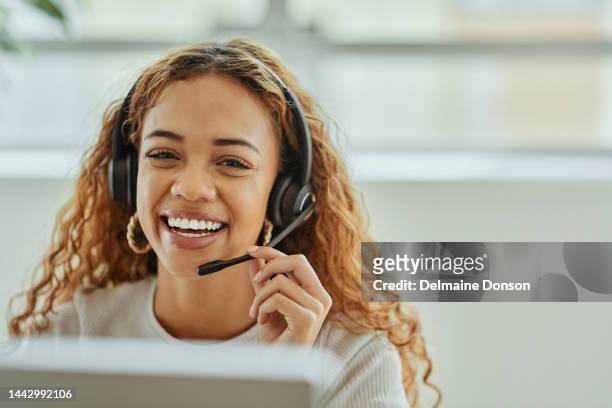 call center, telemarketing or black woman support consultant portrait for crm, ecommerce help or virtual advice. online advisor, it or information technology agent talking solution, helping with loan - assistance stockfoto's en -beelden