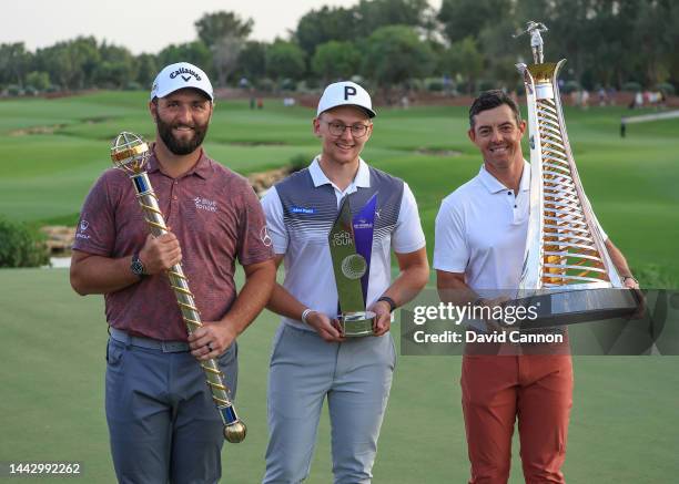 Rasmus Lia of Sweden the winner of the G4D Tour poses with Rory McIlroy of Northern Ireland winner of the Harry Vardon Trophy for the European number...