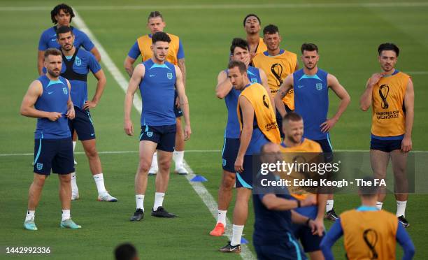 Players of England look on during the England Training Session at Al Wakrah Stadium on November 20, 2022 in Doha, Qatar.