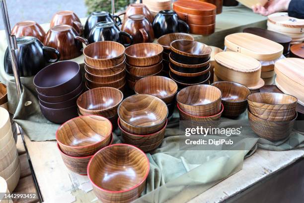 japanese wooden bowls at the flea market - craft stalls stock pictures, royalty-free photos & images